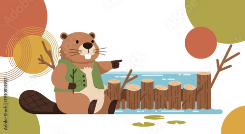 Whimsical Beaver Building A Dam Beside A Blue Body Of Water