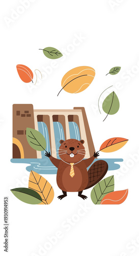 Whimsical Beaver Character Enthusiastically Poses In Front Of A Hydroelectric Dam Structure