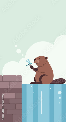 Whimsical Beaver Delicately Interacting with a Dragonfly
