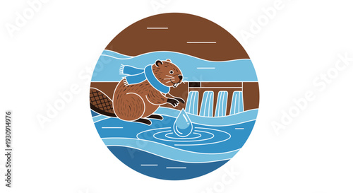 Whimsical Beaver In Scarf Interacts With Hydroelectric Dam Flow