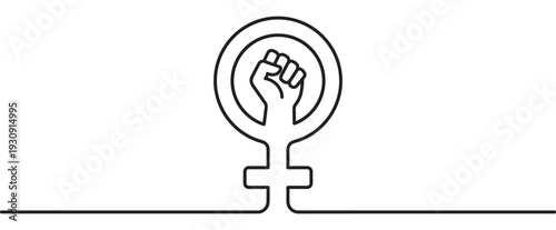 Female gender symbol with a powerful raised fist inside representing women's empowerment, solidarity, and the fight for equality.
