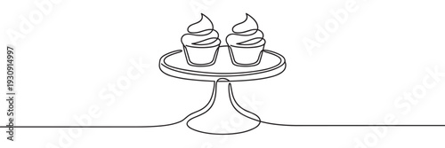 Two delicious cupcakes with swirled frosting are elegantly displayed on a pedestal cake stand in a modern continuous line art illustration.