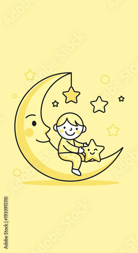 Whimsical Child and Friendly Moon Character Adorned with Twinkling Stars