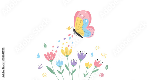 Whimsical Butterfly Sprinkling Magic Over A Colorful Blooming Meadow
