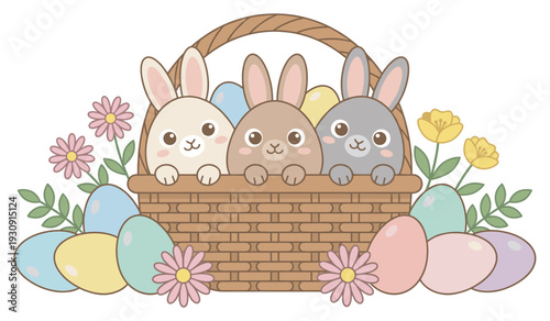 Three adorable cartoon bunnies peeking from a woven basket filled with colorful pastel Easter eggs and blooming spring flowers.