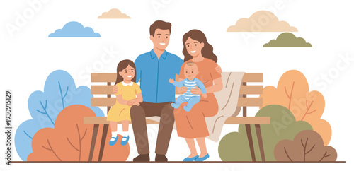 Happy family with two children, a daughter and a baby, enjoys a lovely day sitting on a park bench in a vibrant outdoor setting.
