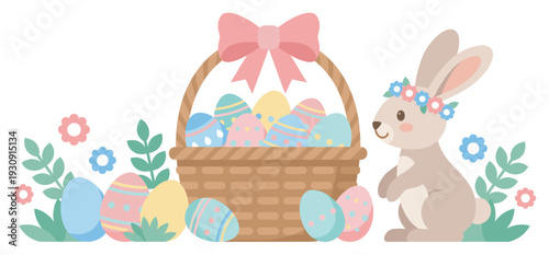 Easter bunny and basket filled with colorful eggs, celebrating the joy of spring with decorative floral elements.