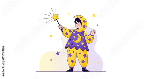 Whimsical Child Dressed As Celestial Being Holding Star Wand