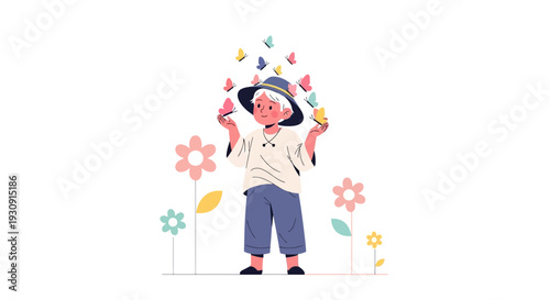Whimsical Child Interacts With Fluttering Butterflies In A Vibrant Meadow