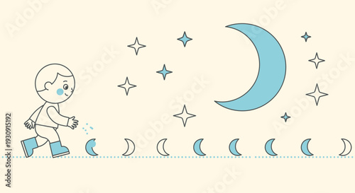Whimsical Child Planting Moon Phases Under Starry Sky