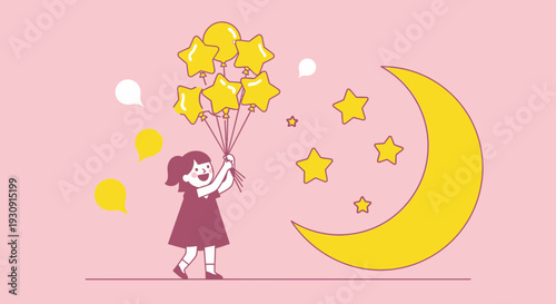 Whimsical Child Reaches For Star Balloons Near Crescent Moon