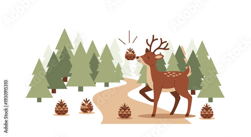 Whimsical Deer Exploring a Pine Forest Filled With Cones