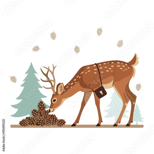 Whimsical Deer Exploring Forest Floor Amongst Pinecones