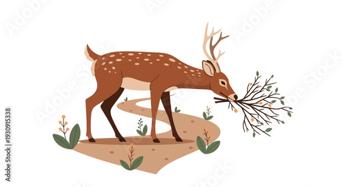 Whimsical Deer Grazing on Twig in Artistic Forest Path Scene