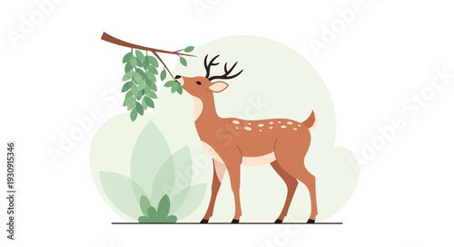 Whimsical Deer Grazing on Lush Foliage Nature Illustration