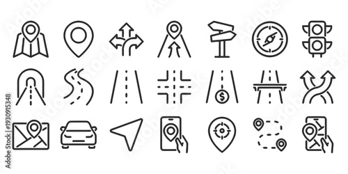 Navigation and map icons including GPS location and road signs