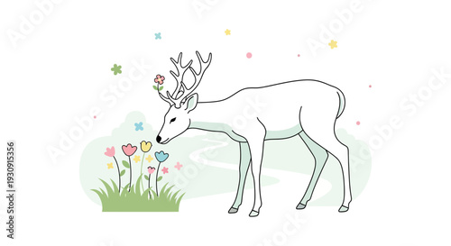 Whimsical Deer Smelling Flowers Delicate Nature Scene Illustration
