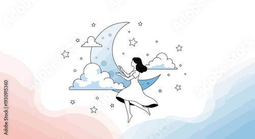 Whimsical Girl Dances Amongst Moon Clouds and Stars Dreamlike Night Sky