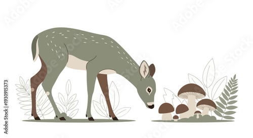 Whimsical Doe Discovering Forest Fungi In Gentle Woodland Illustration
