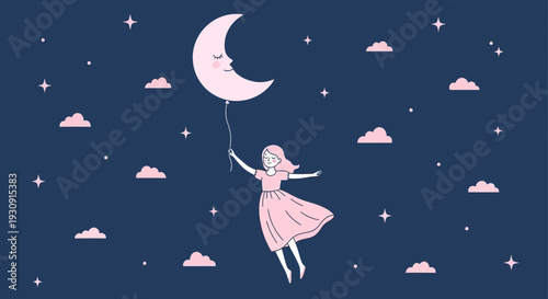 Whimsical Girl Floating With A Happy Moon Balloon In The Night Sky