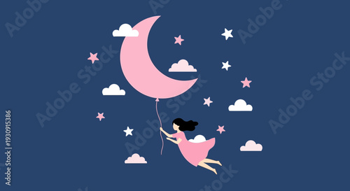 Whimsical Girl Floating With Pink Crescent Moon Balloon Amongst Stars and Clouds