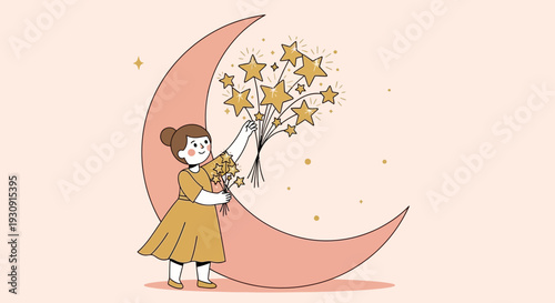 Whimsical Girl Reaching For Stars Beside Crescent Moon
