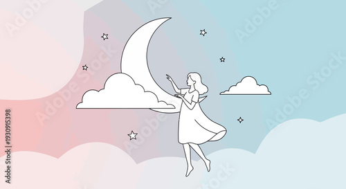 Whimsical Girl Reaching For The Moon Amongst Clouds And Stars