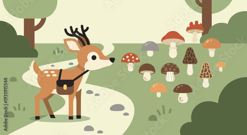 Whimsical Forest Deer Explorer Discovering Diverse Mushroom Varieties With A Satchel