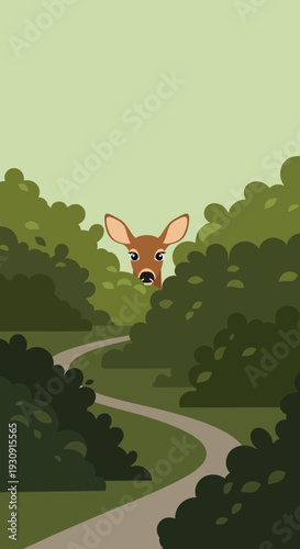Whimsical Forest Pathway With A Curious Deer Peeking From The Lush Greenery