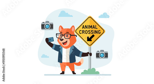 Whimsical Fox Character Capturing Moments Near Animal Crossing Sign