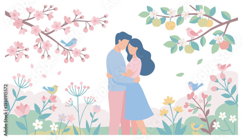Romantic couple embracing tenderly surrounded by a vibrant spring garden filled with blossoms and cheerful birds.