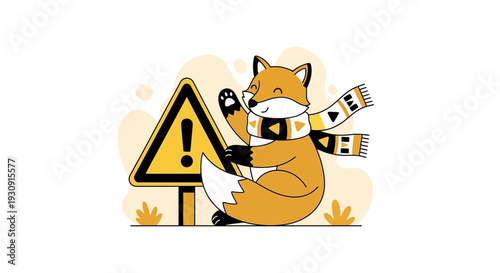 Whimsical Fox Character Waving Beside a Yellow Warning Sign With Scarf