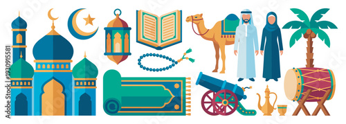 Islamic symbols and traditional elements representing Muslim culture and religious holidays like Ramadan and Eid al-Fitr in a flat design style.