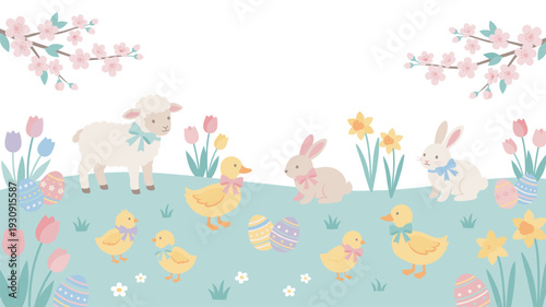Cute Easter animals, spring flowers, and decorated eggs create a charming, festive illustration for the holiday season.