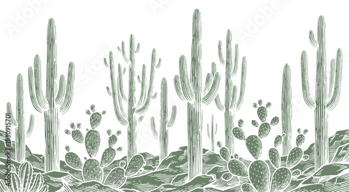 Various desert cacti and succulents thrive in arid landscape, depicted in a stylish vintage woodcut illustration.