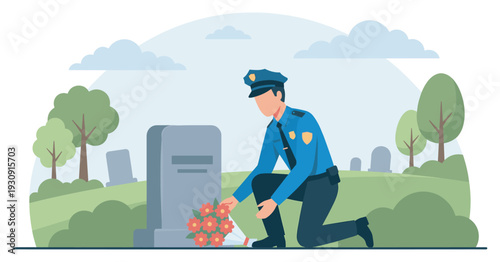 Police officer kneels at a tombstone, placing a bouquet of red flowers in a solemn act of remembrance and respect.