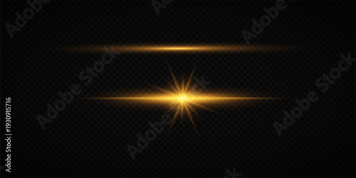 Glowing Golden Star Light Effect with Sparkle Rays and Lens Flare Illumination on Transparent Background