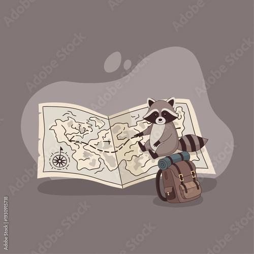 Whimsical Raccoon Plans Adventure Using Vintage Treasure Map and Backpack