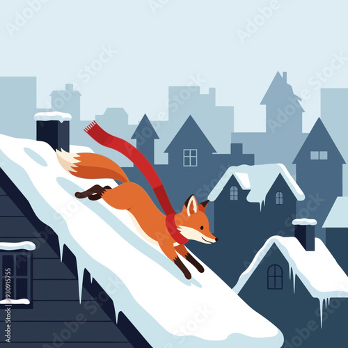 Whimsical Fox Sliding Down Snowy Rooftops In A Winter Village Scene