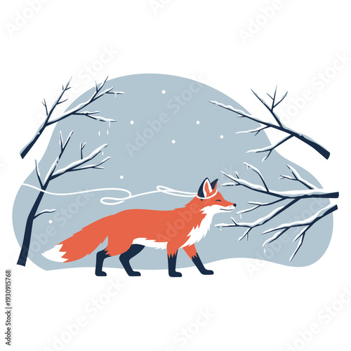 Whimsical Fox Trotting Through Snowy Winter Forest Landscape