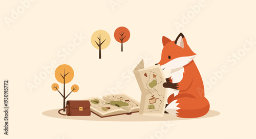 Whimsical Fox Studying Map With Autumn Trees And Satchel