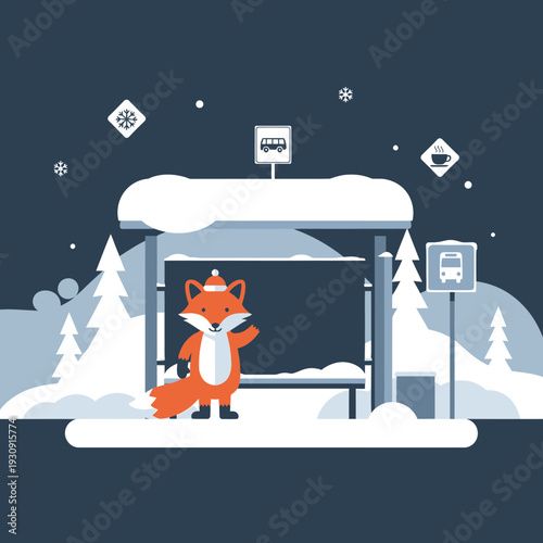 Whimsical Fox Waits For Winter Bus At Snowy Stop