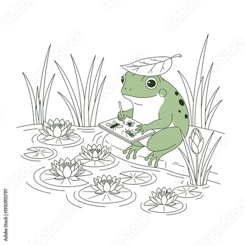 Whimsical Frog Artist Drawing Insects Beside Lily Pads In A Pond Scene