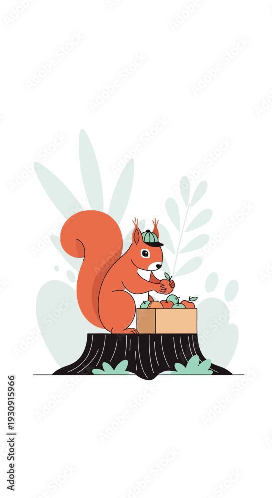 Fototapeta premium Whimsical Squirrel Gathering Autumn Harvest Nuts With Cute Hat On Tree Stump