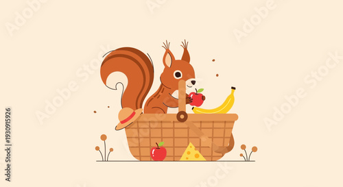 Whimsical Squirrel Enjoying Autumn Harvest Picnic In A Wicker Basket