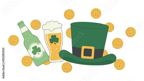 St. Patrick's Day celebration elements including a leprechaun hat, beer, and gold coins are arranged for festive holiday design.