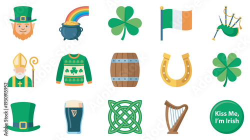 Irish St. Patrick's Day celebration symbols and icons represent traditional culture and festive elements associated with the popular holiday.