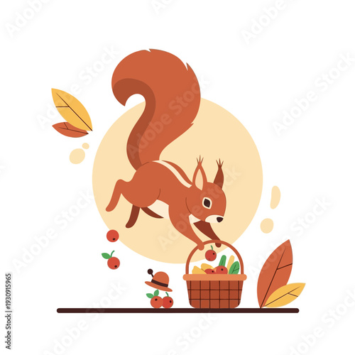Whimsical Squirrel Gathers Autumn Harvest In Charming Basket Illustration