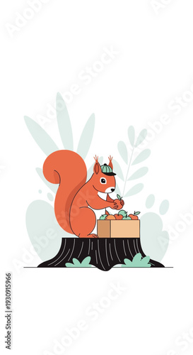 Whimsical Squirrel Gathering Autumn Harvest Nuts With Cute Hat On Tree Stump