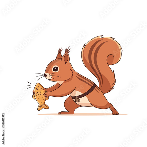 Whimsical Squirrel Fisherman Holding a Tiny Goldfish Catch
